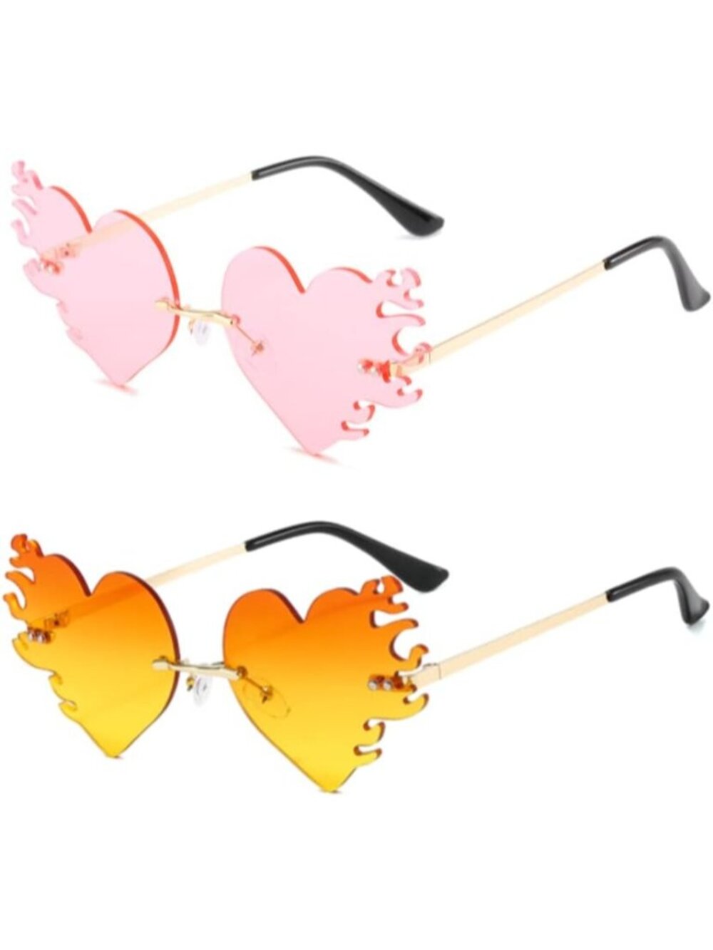 Women's Orange Pink Trendy Rimless Melting Heart Fire Flame Novelty Sunglasses
